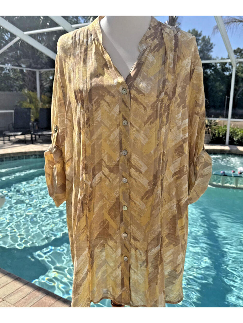 Ruby Rd 3/4 Sleeve 2X Plus Blouse Top Yellow/Gold Brown Sheer Button Front NWT